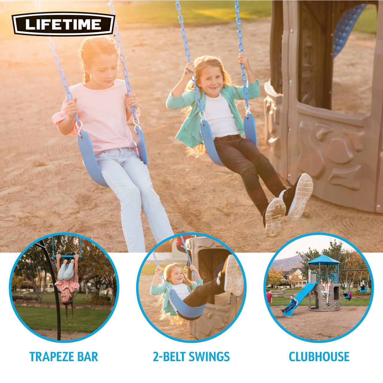 Lifetime Kid's Adventure Tower Swing Set with Slide, Belt Swings and Climbing Wall - Blue(91208)