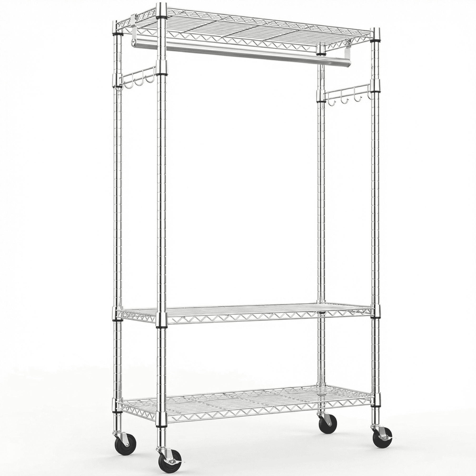 Leumius Heavy Duty Rolling Garment Rack, 3 Tiers Adjustable Wire Shelving Clothes Rack with Rods and Side Hooks,Storage Closet Clothing Rack with Wheels for Laundry Room Bedroom Cloakroom Chrome