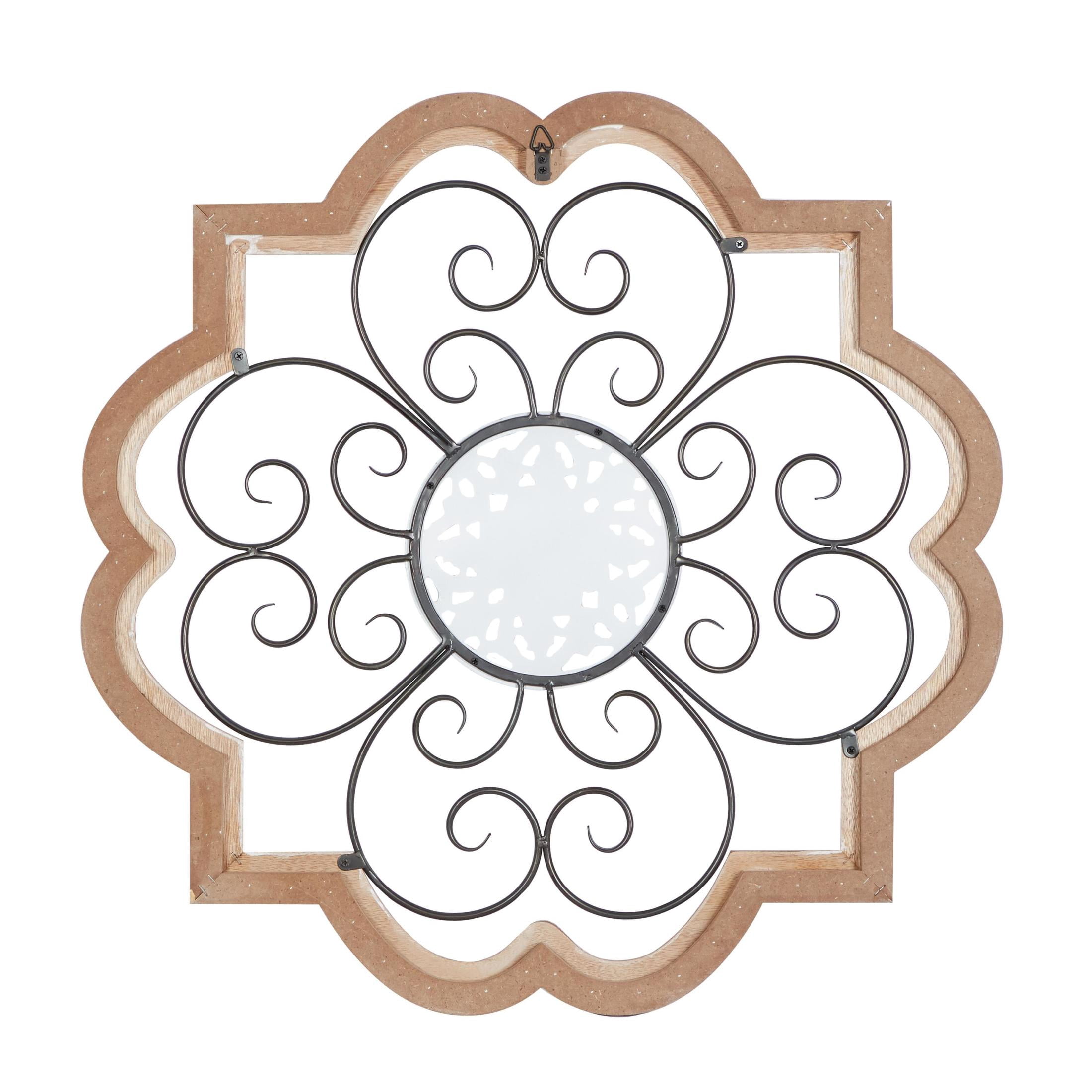 DecMode Brown Wooden Carved Beading Scroll Wall Decor with Metal Accents
