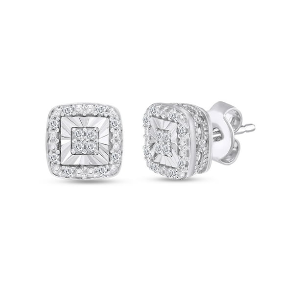 AFFY 1/10 Carat Round Shape Natural White Diamond Cushion Frame Stud Earrings In 14K Gold Over Sterling Silver (0.1 Cttw, I2-I3 Clarity)