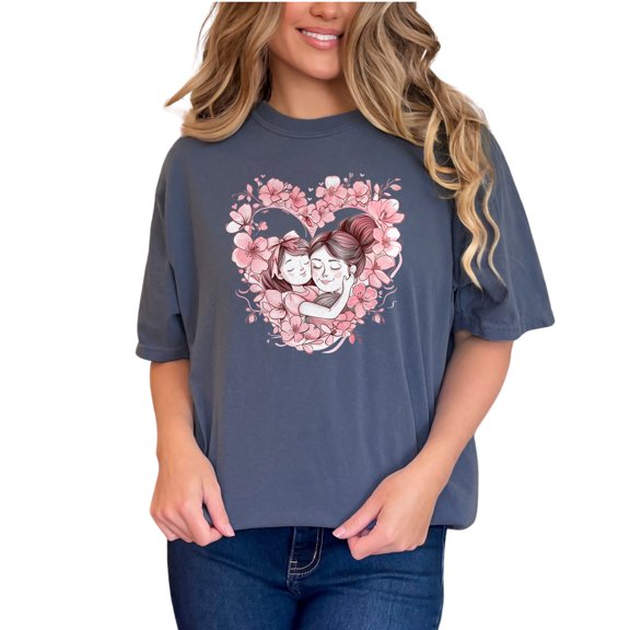 Mother Daughter T-Shirt, Mom and Daughter Matching Outfit, Heart Flowers Design Tee, Cute Family Shirt, Mother's Day Gift Idea, Denim Comfort Colors T-Shirt, Small