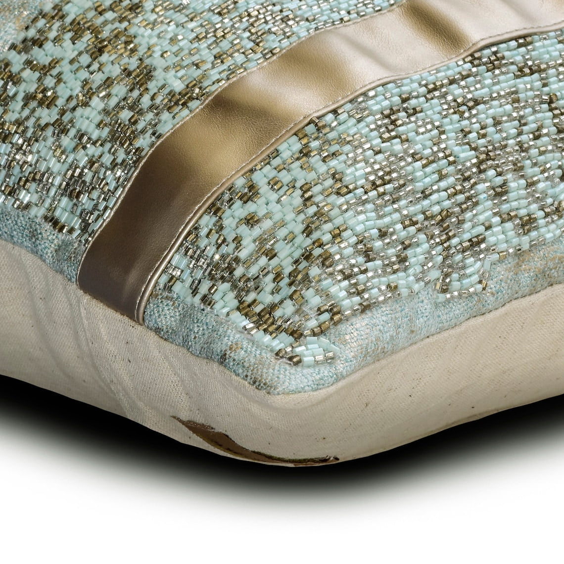 The HomeCentric Decorative Blue 12"x22" (30x55 cm) Lumbar Pillow Cover, Jacquard Beaded & Foil & Faux Leather Oblong Pillow, Abstract Pattern Modern Style - Halycon Silver