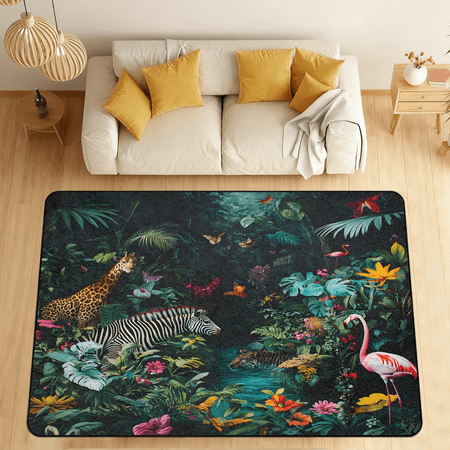 CURLYOOT Animal Forest Wildlife Giraffe Flamingo Area Rugs 5 x7  Washable Rug Large Living Room Rug Non Slip Indoor Floor Carpet for Dining Room Bedroom Home