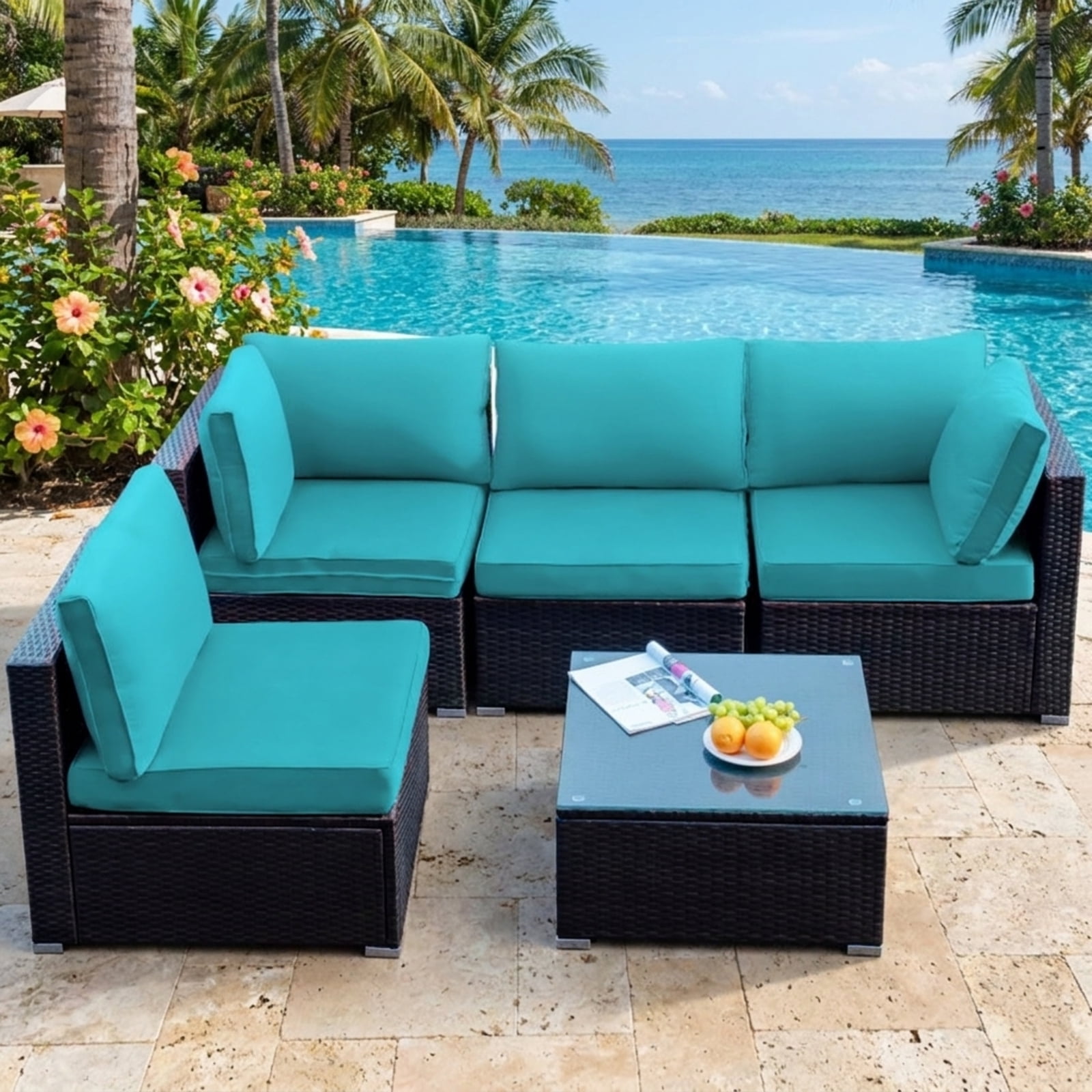 Furnibear 5 Piece Cushioned Patio Rattan Furniture Set with Glass Table, Outdoor Wicker Conversation Set with 4 Chairs for Garden Backyard, White