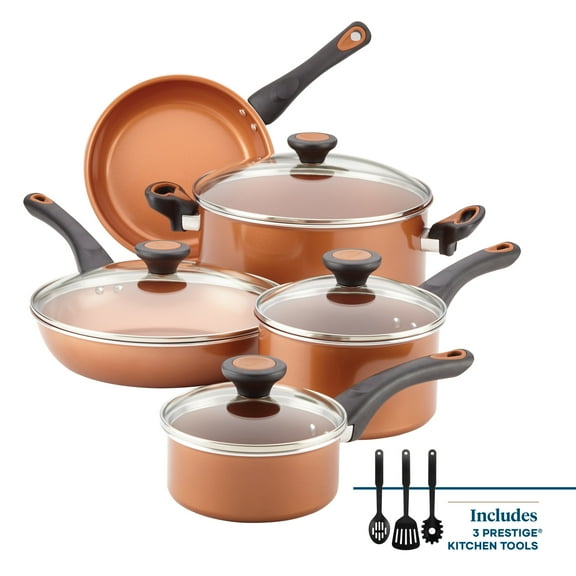 Farberware Glide Copper 12 Pcs Ceramic Nonstick Cookware Set with Cooking Tools, Dishwasher Safe, Copper