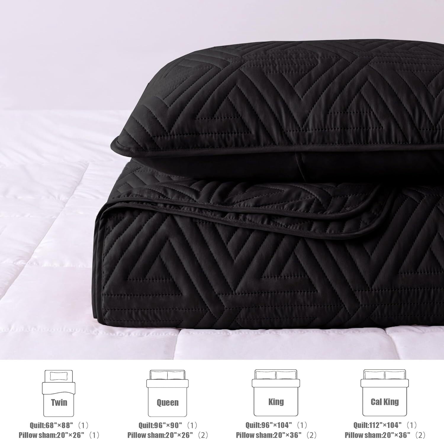 Whale Flotilla 3-Piece King Size Quilt Set for All Season, Classic Geometric Pattern Bedding Set with 2 Pillow Shams, Soft and Lightweight, Black