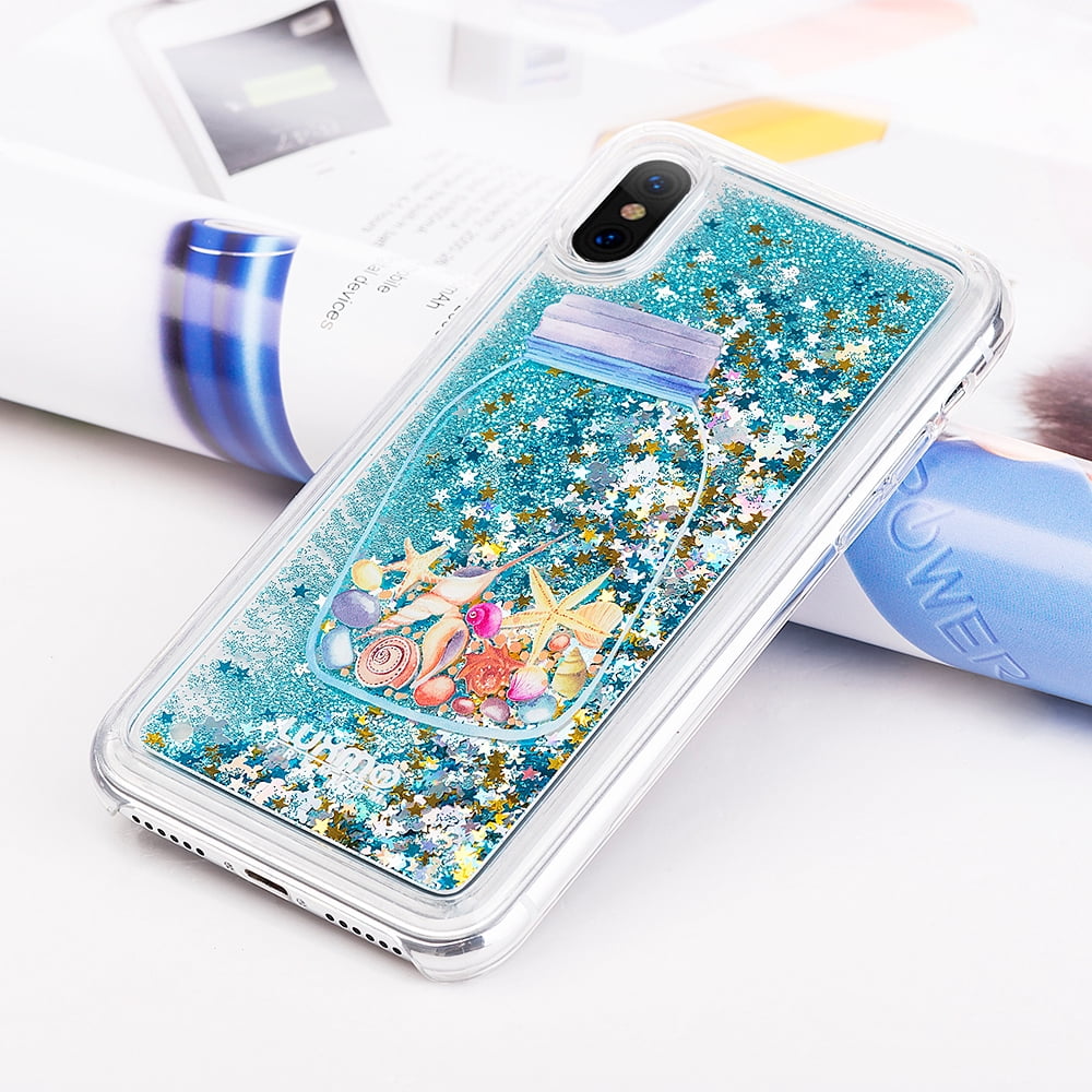 3D Winter Sparkle Glitter Waterfall Phone Case (Seashells) for Apple iPhone XS/X Interactive Water Liquid Cascade Floating Snow Globe Dynamic Transparent Smartphone Cover Ocean Sea Underwater Starfish