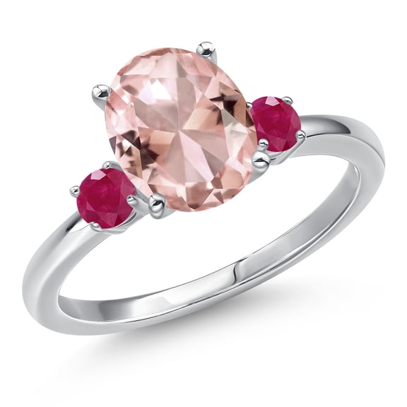Gem Stone King 14K White Gold Peach Nano Morganite and Red Ruby Engagement Ring for Women | 2.63 Cttw | Oval 10X8MM | Gemstone October Birthstone | Size 6