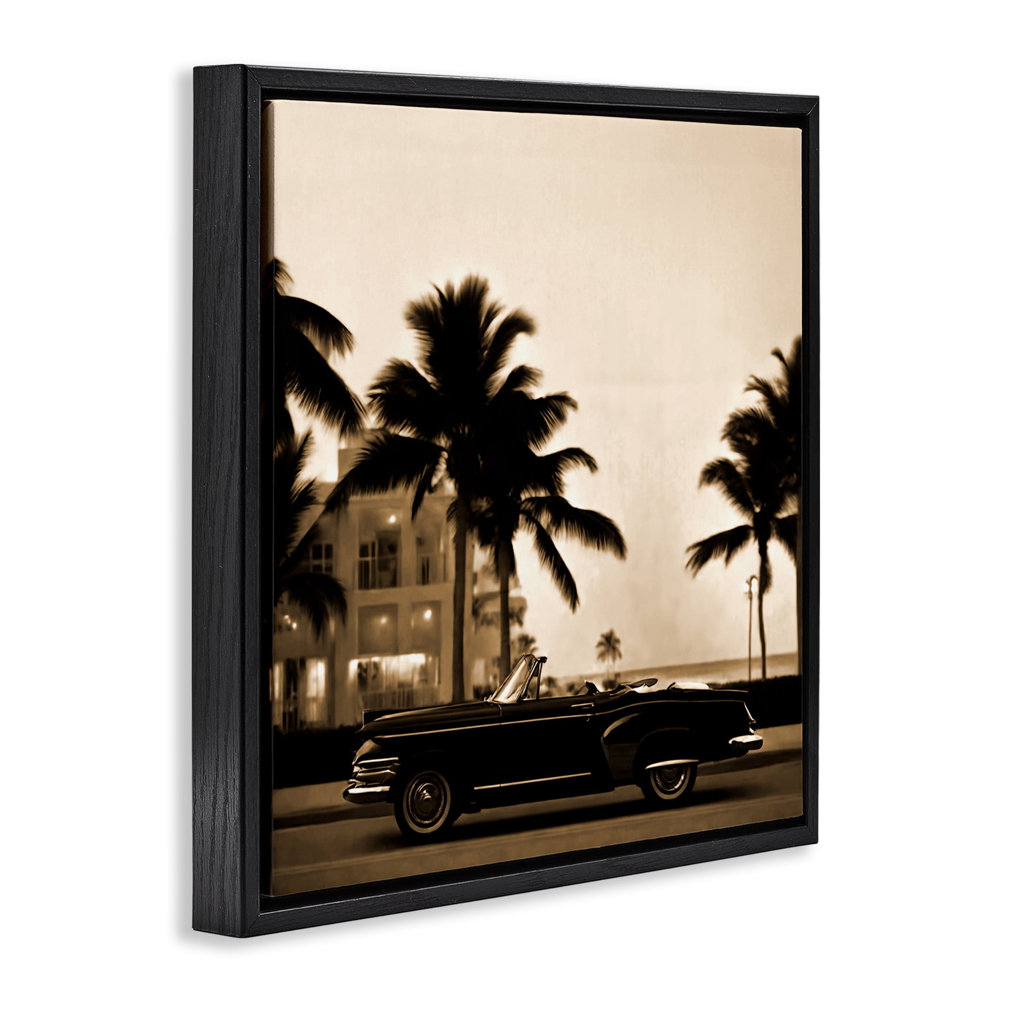 Stupell Industries Classic Black Car & Palms Transportation Painting Black Floater Framed Canvas Art Print Wall Art, 25 x 25