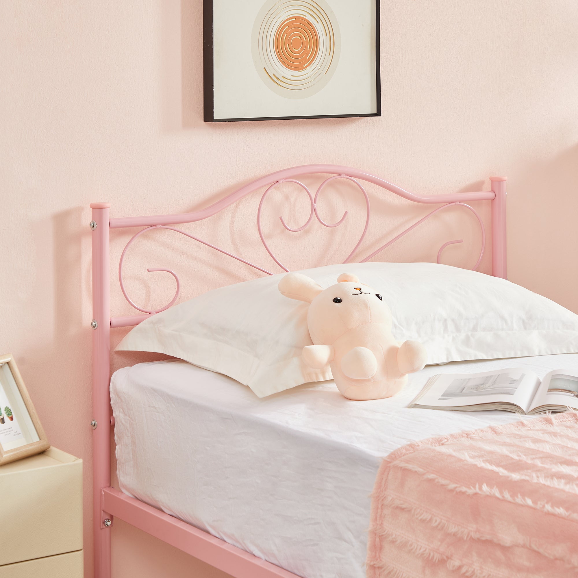 14 Inch Twin Size Metal Platform Bed Frame with Headboard and Footboard, Heavy Duty Mattress Foundation with Steel Slats Support, No Box Spring Needed, Pink