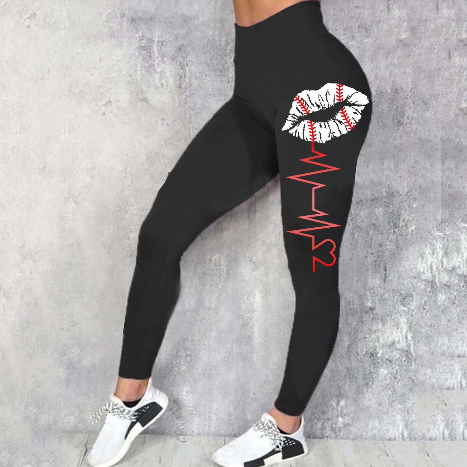 ASFGIMUJ Lined Leggings For Women Casual Comfort Baseball Prints Workout  Trousers Pants Thermal Pants Black XL 