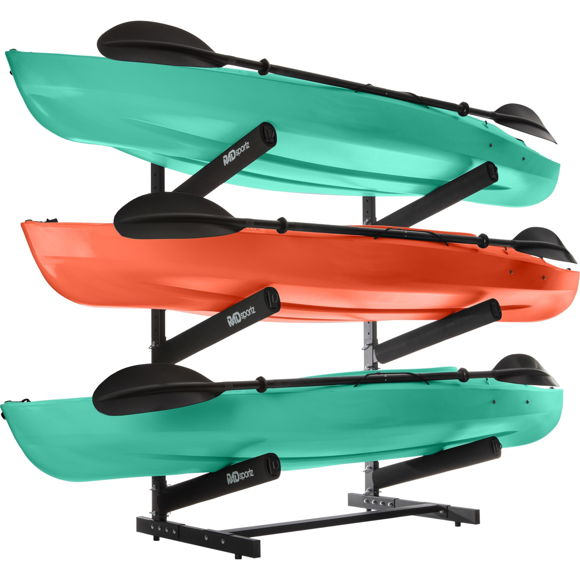 RAD Sportz Kayak Storage Rack - 3-Level Freestanding Adjustable Stand with Padded Arms and 300lb Capacity for Canoes, SUP, or Paddleboards - Black