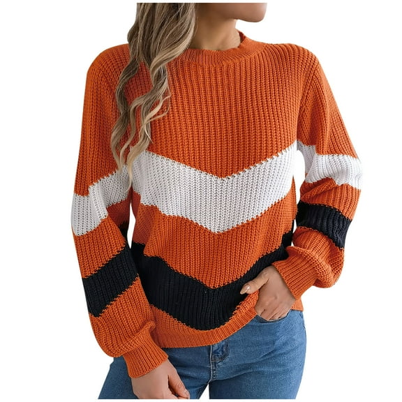 Color Block Sweater for Women Crewneck Long Sleeve Chunky Knit Pullover Orange L