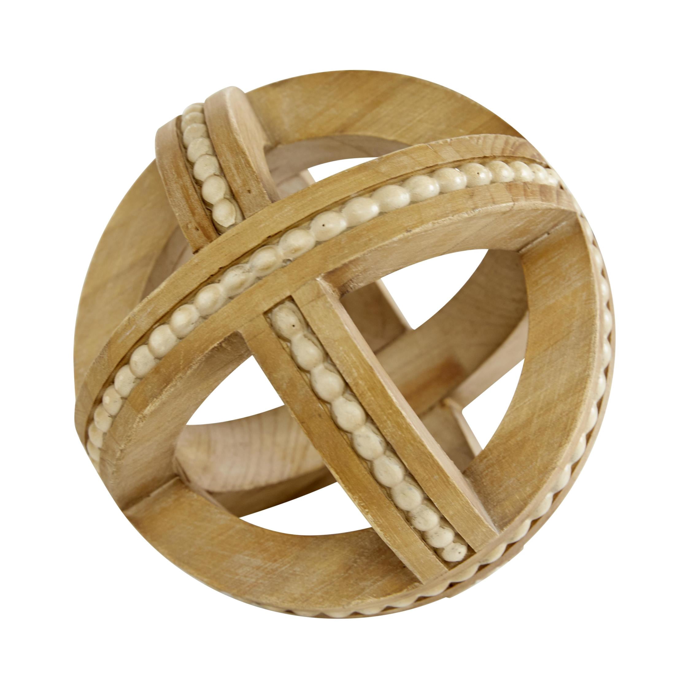 7", 6", 4"H Brown Wood Handmade Beaded Orb Geometric Sculpture, by DecMode (3 Count)