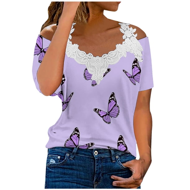 Blusa superior sexy de manga corta con retazos de encaje con cuello en V de verano para mujer OAVQHLG3B Store lin121212