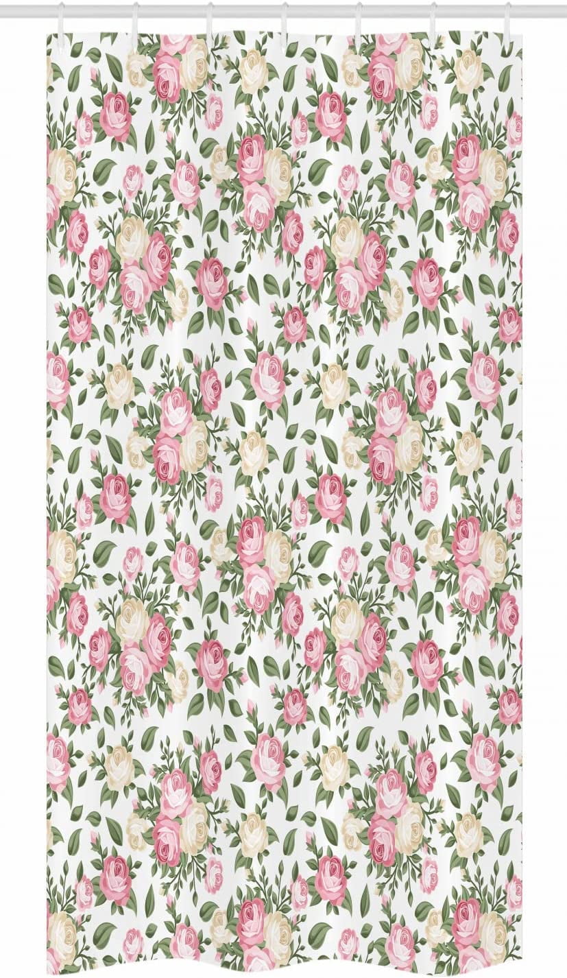 Flower Stall Shower Curtain, Roses Rosebuds Leaves Bouquet Flower Arrangements Bridal Victorian Style, Fabric Bathroom Decor Set with Hooks, 36" W x 72" L, White Pink Green