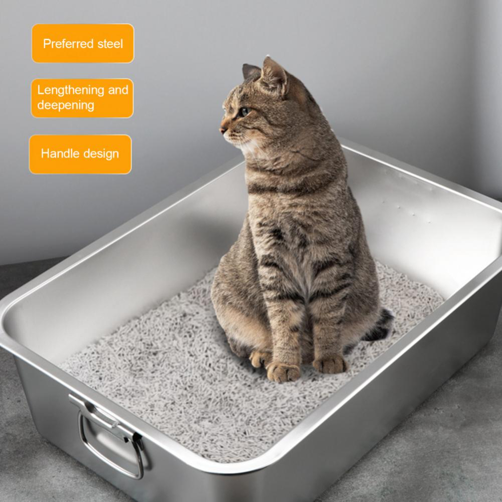 QUTETN Rectangle Stainless Steel Cat Litter Box Broken-resistant Low Entry Open Spacious Metal Litter Pan Pet Accessories