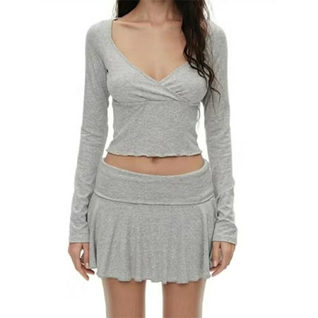 Women 2 Pieces Pajama Sets Solid Color Long Sleeve V-neck T-shirts Crop Tops Pleated Mini Skirts Loungewear Sleepwear