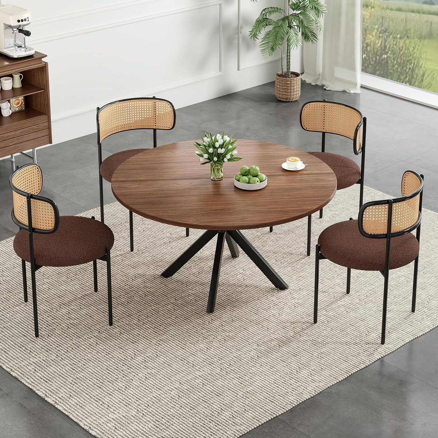 Farini 47" Round Dining Table, Mid-Century Modern Wood Table with Metal Base, Seats 4-6, for Kitchen or Dining Room, Walnut