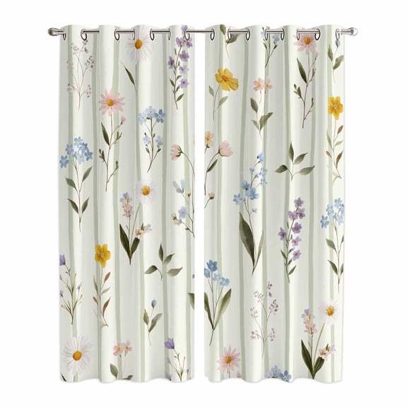 Spring Floral Kitchen Curtains Window Panels, Summer Botanical Sage Green Striped Insulated Window Treatment Curtain, Grommet Curtains for Bedroom/Living Room/Bathroom, 2 Piece 42"Wx84"L