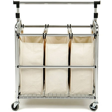 Seville Classics 3-Bag Laundry Hamper Sorter Cart with Clothes Rack