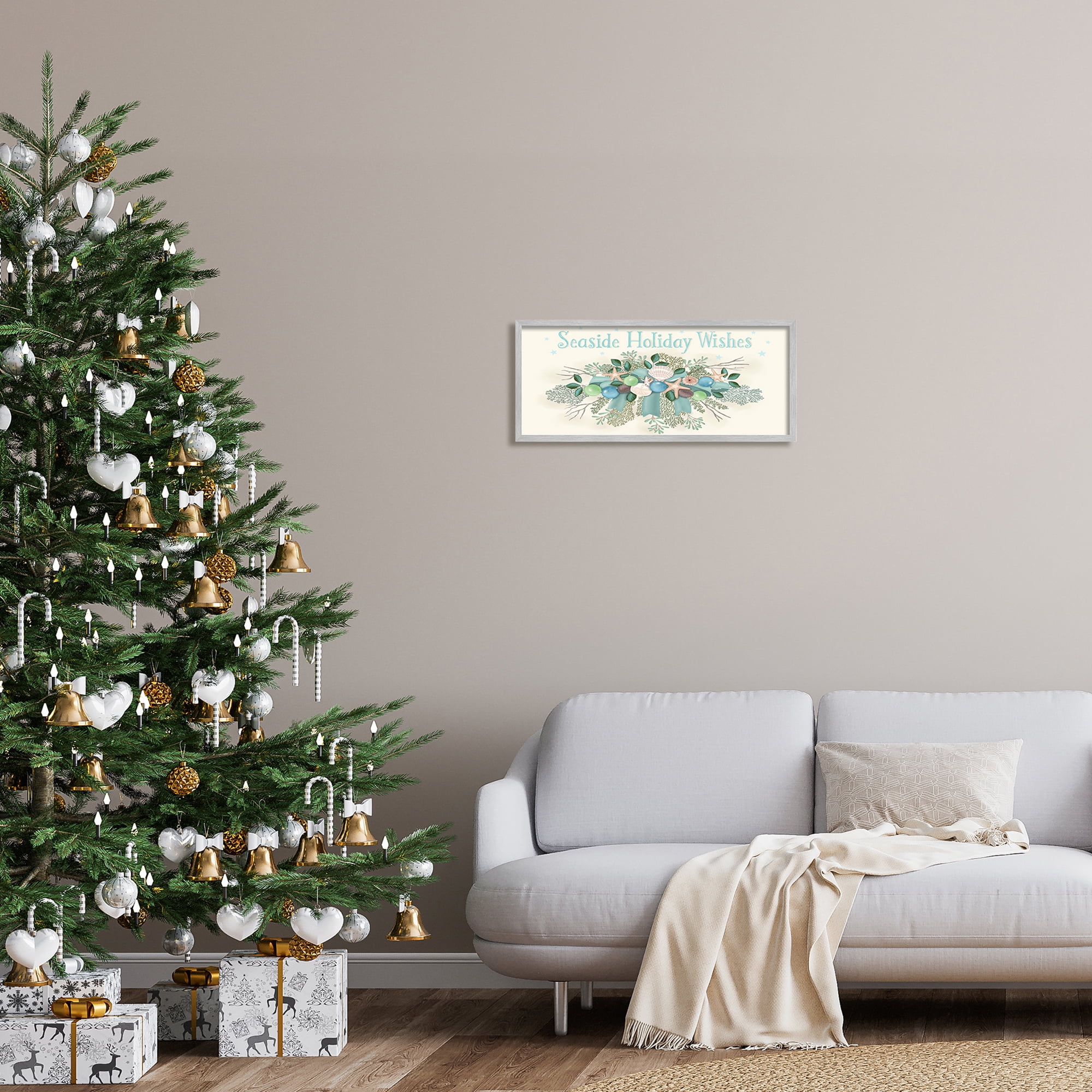 Seaside Holiday Wishes Beach Coral Seashells Arrangement Coastal Graphic Art Framed Art Print Wall Art