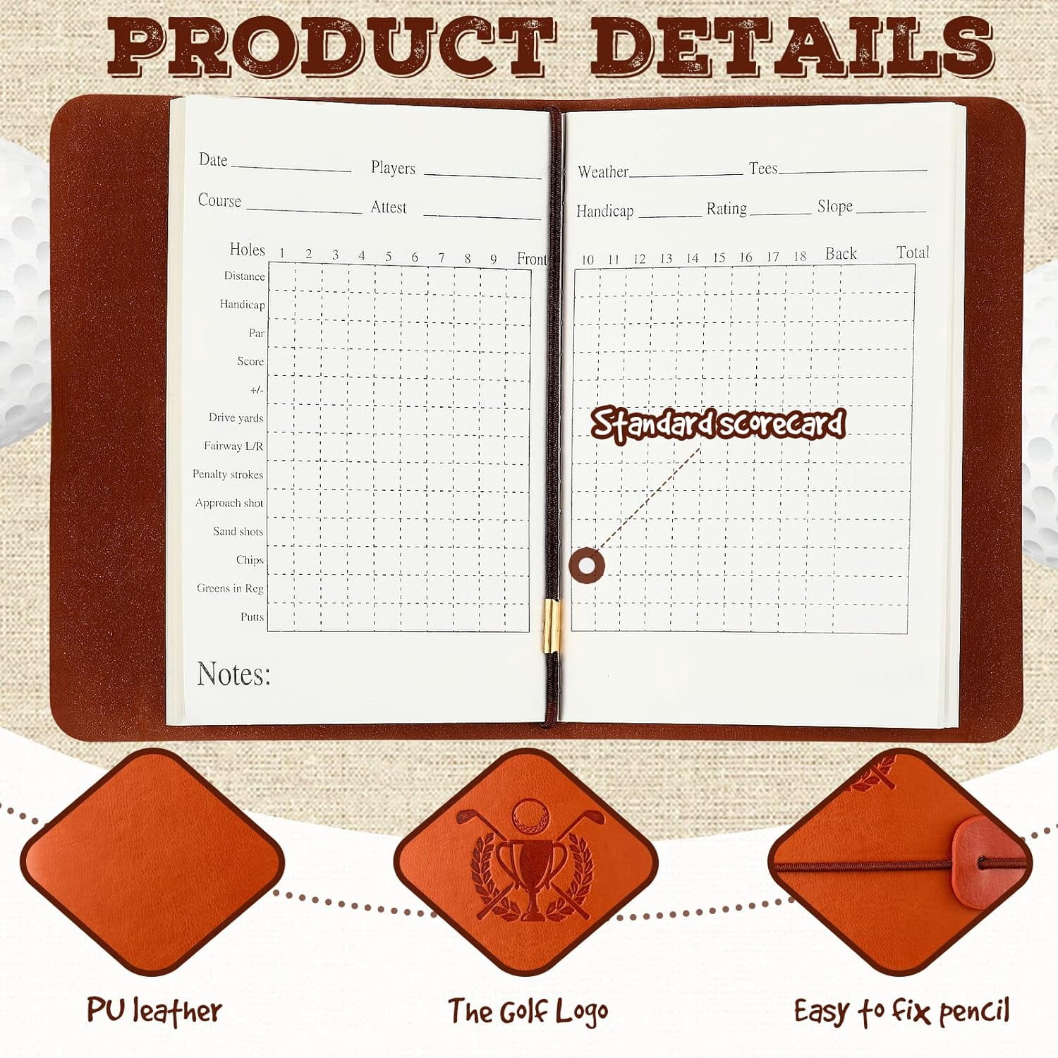 Golf Scorecard Book with Pencil Leather Golf Journal Scorecard Holder Accessories Notebook Log Book Pocket Scorebook Gifts for Men Golfers, Sports and Outdoor Club Accessories