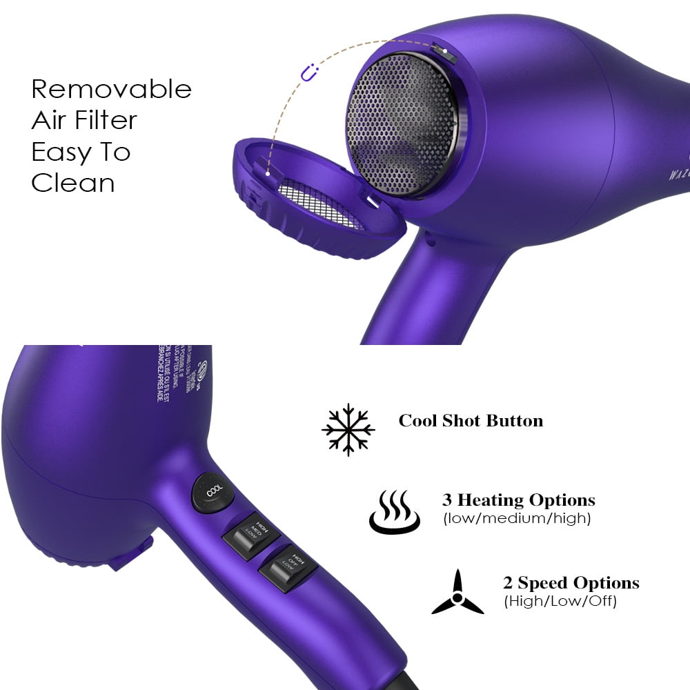 Pro Negative Ionic Hair Dryer with Diffuser, 1875W Lightweight Blow Dryer for Fast Drying, 2 Speed 3 Heat Settings, Purple Dryer