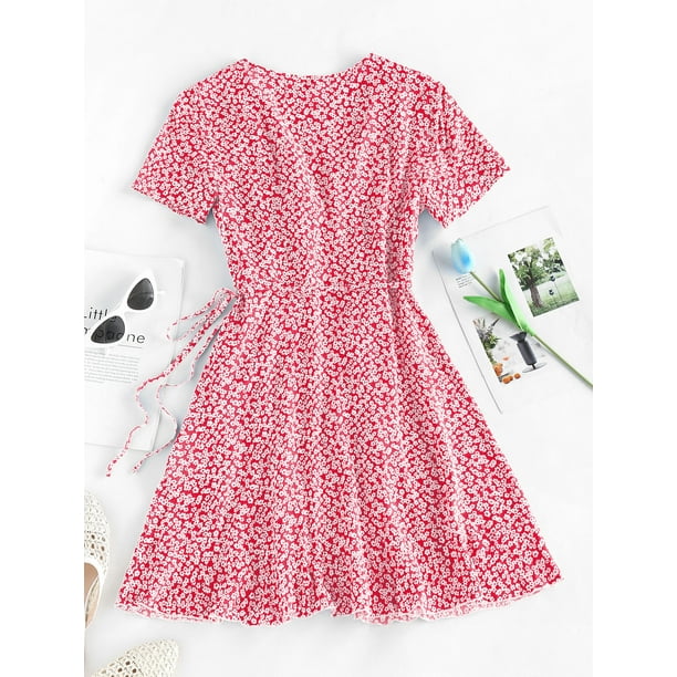 open lace back dress Red Ditsy Floral Shift Dress with Pockets main image 0