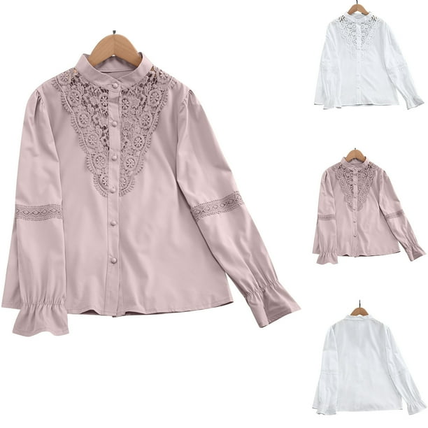 Conjuntos de otoño para mujer,Blusa de encaje para mujer, cuello redondo, manga larga, botones, mezcla de poliéster, ropa informal para el hogar o la oficina, sopatenor