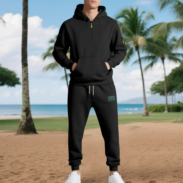 Men Casual Pullover Hooded Sports Solid Long Sleeve Trousers Two-Piece Tracksuit
