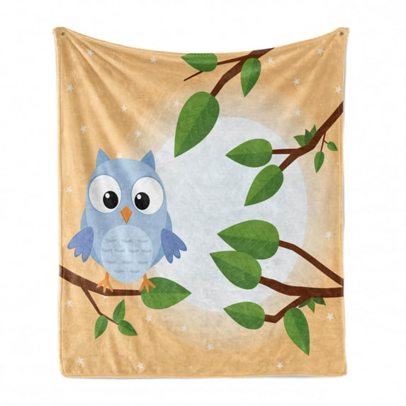 Owl Print Soft Flannel Fleece Throw Blanket, Pattern of a Flying Creature on a Tree Branch in a Sunny Forest, Cozy Plush for Indoor and Outdoor Use, 70" x 90", Peach and Multicolor, by Ambesonne