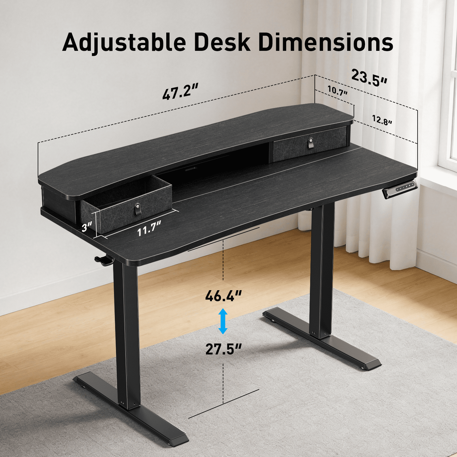Kyspho Electric Standing Desk with Drawers, 48″ x 24″ Large Adjustable Height Computer Desk for Home Office, C-Clamp Compatible with 4 Presets, Black