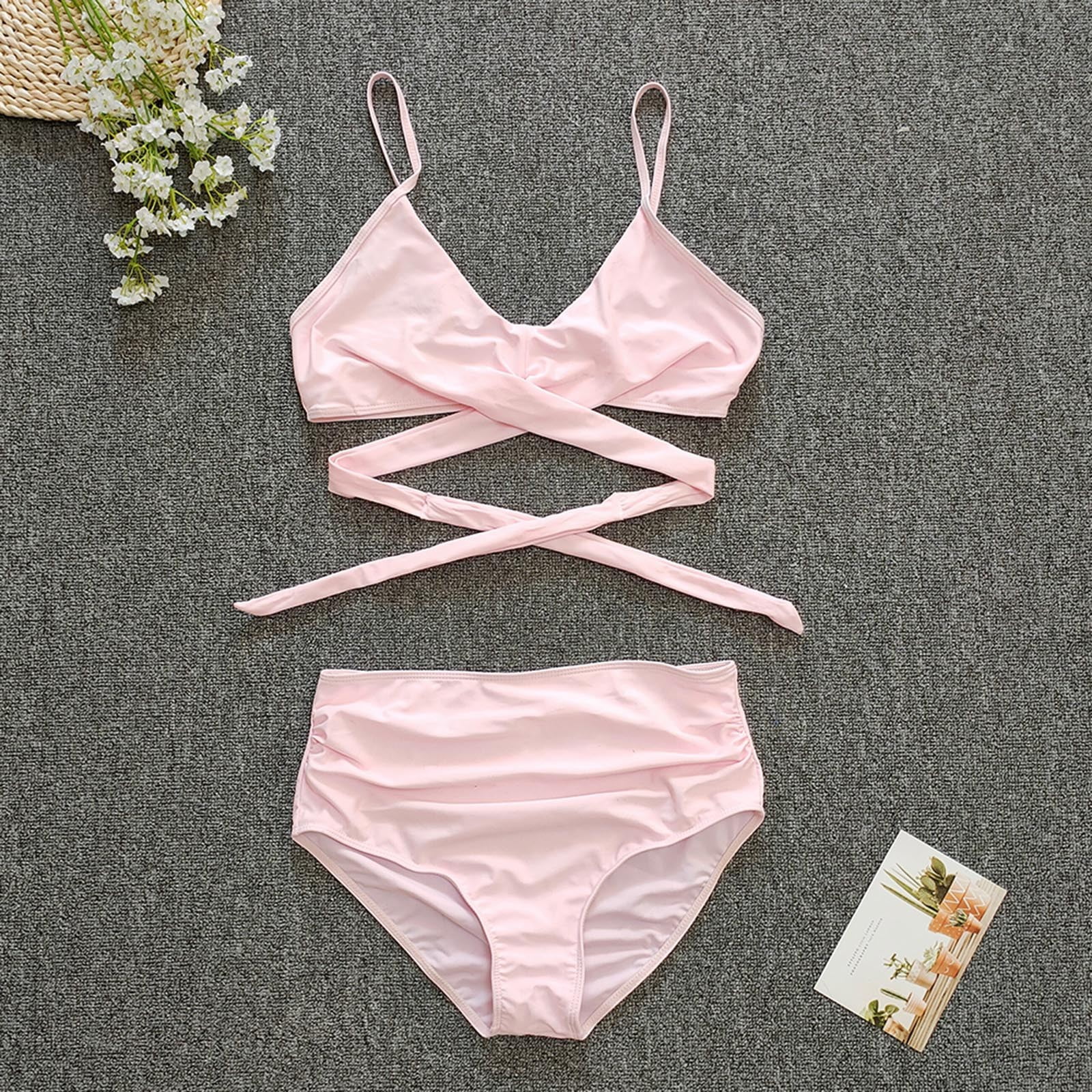 Eashery Bikini Top For Women Large Bust Womens High Waisted Bikini Set Tie Knot High Rise Two Piece Swimsuits Bathing Suits Pink