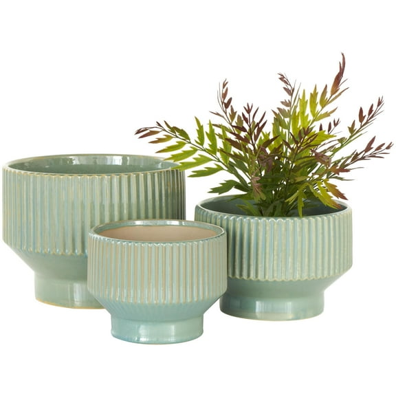 DecMode 10", 8", 7"W Wide Green Ceramic Planter with Linear Grooves and Tapered Bases (3 Count)