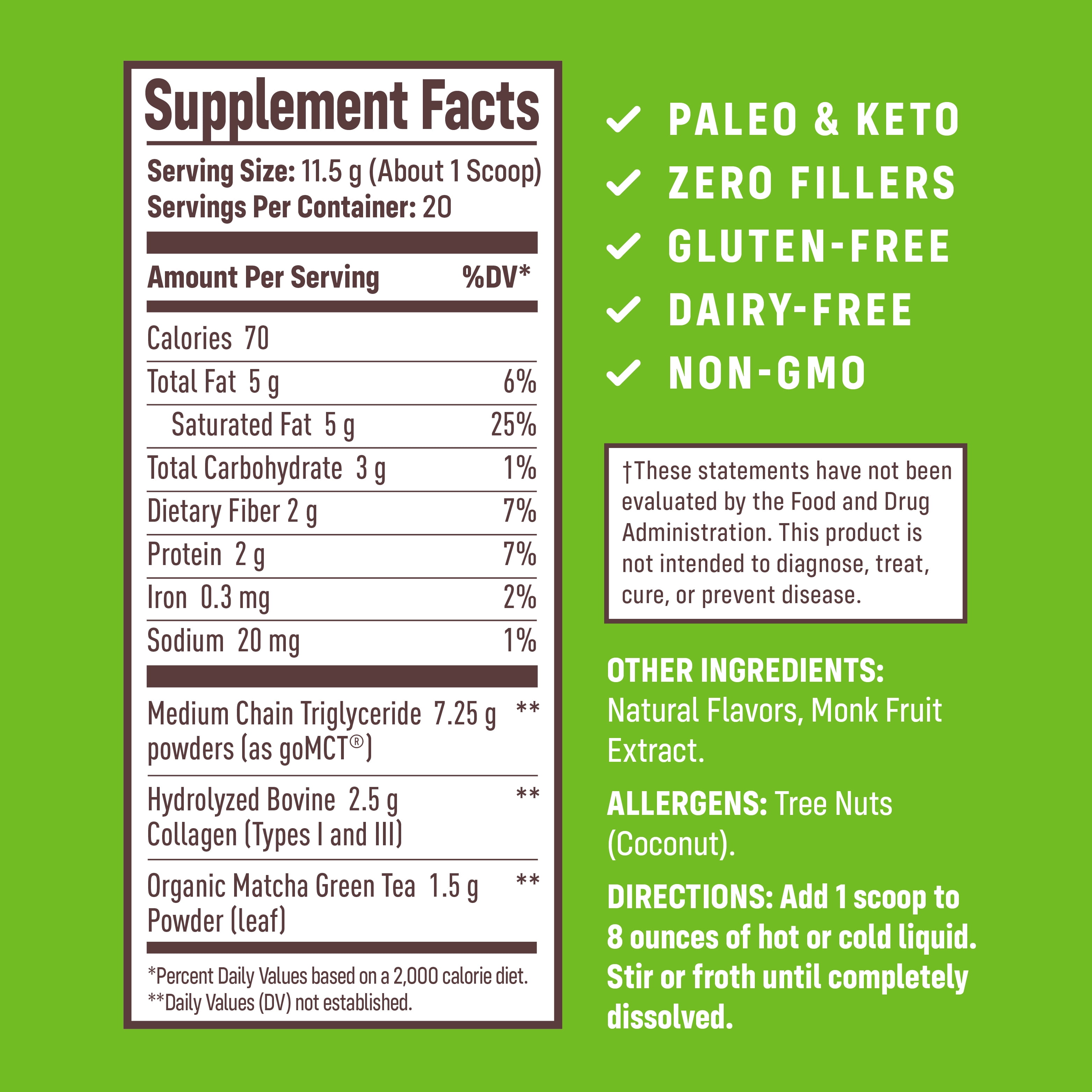 NativePath Matcha Collagen Latte Powder with MCT Oil, Organic Matcha, Keto, 20 Servings