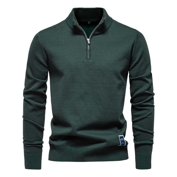 GBSYEWXS Men Pullover Sweaters Gentleman Long Sleeve Collared Zip-Up Solid Color Casual Dark Green Sweater
