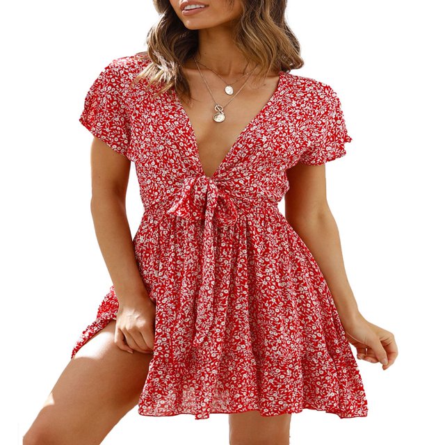 Robes pour Femmes Imprimé Floral Élégant Manches Courtes Col en V Profond Robe Courte Décontractée à Lacets