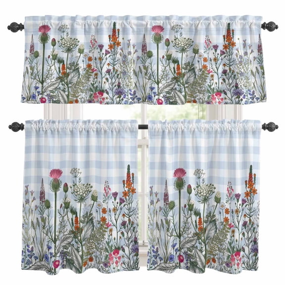 Spring Floral Kitchen Curtains Sets for Windows 24 Inch Length, Blue Plaid Botanical Flowers Butterfly Rod Pocket Window Treatments Tier Curtains and Valances Set for Bedroom/Bathroom