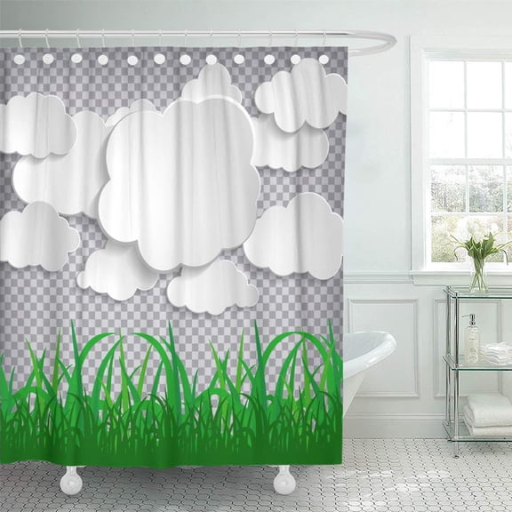 CYNLON Abstract White Sticky Clouds Collection Green Grass Silhouettes Bathroom Decor Bath Shower Curtain 60x72 inch