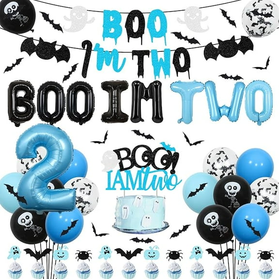 Halloween 2nd Birthday Decorations for Boys - Boo I Am Two Ghost Banner Balloons Cake & Cupcake Toppers, Halloween 3d Bat Wall Stickers for Second Birthday Party Supplies