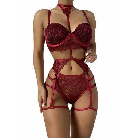 

RUEWEY Women’s Lingerie Set Lace Embroidery Bra and High Waist Panty with Garter Belt