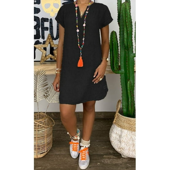 Lindbes Summer loose solid color short sleeved V-neck cotton linen dress Women‘s stock dress