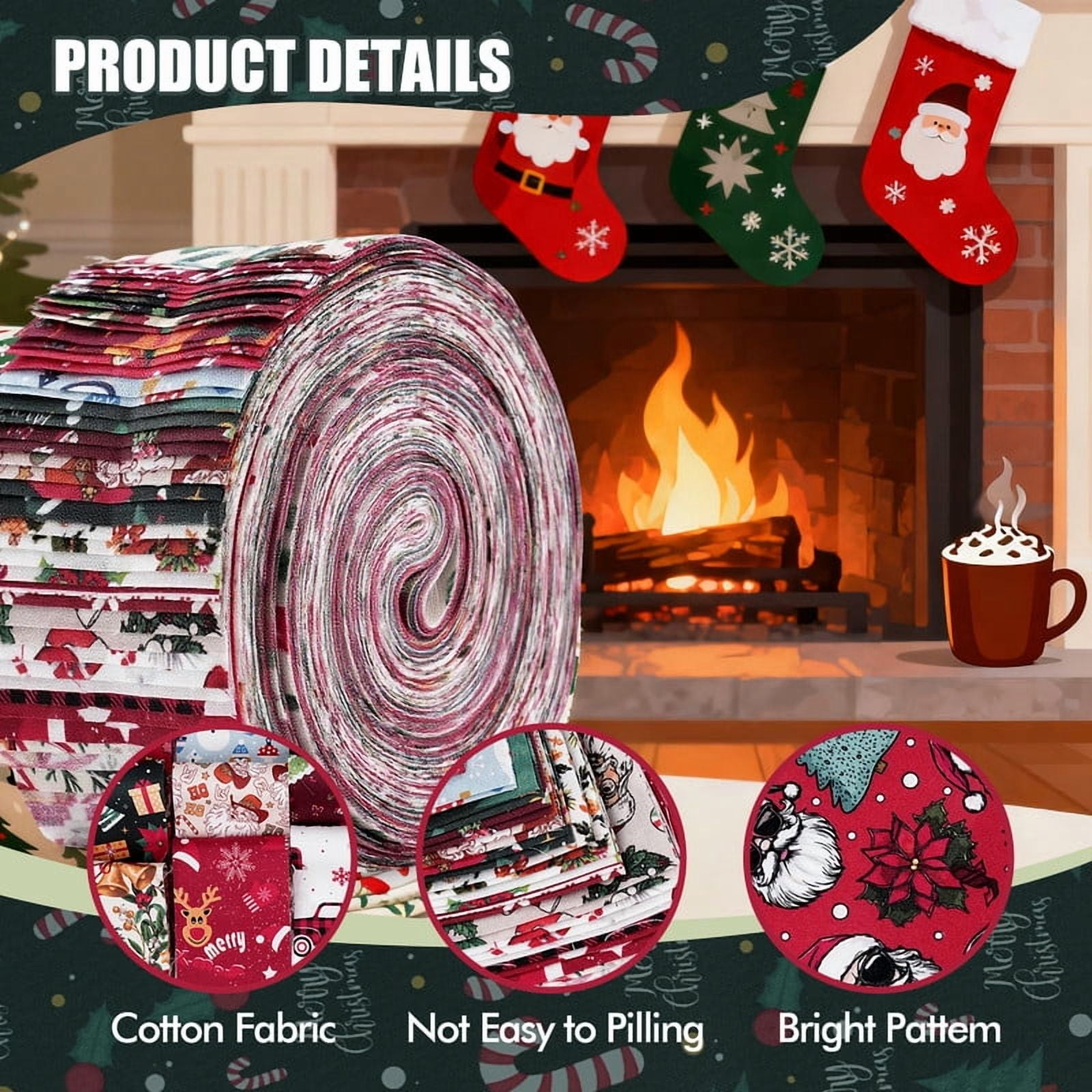 40PCS Jelly Roll Fabric, 2.5x39 Inches (6.5x100 cm) Christmas Cotton Fabric Bundle Patchwork Floral Fabric Sewing Quilting Bundles Assorted Pattern Cloth for DIY Scrapbook Craft Making (Christmas)