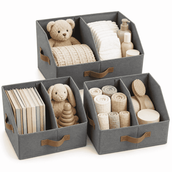 Homelux Theory 3 Pack Small Closet Storage Bins with Adjustable Divider, Trapezoid Collapsible Fabric Shelf Baskets, 16.5 x 11 x 7.5 Inches (Dark Gray)