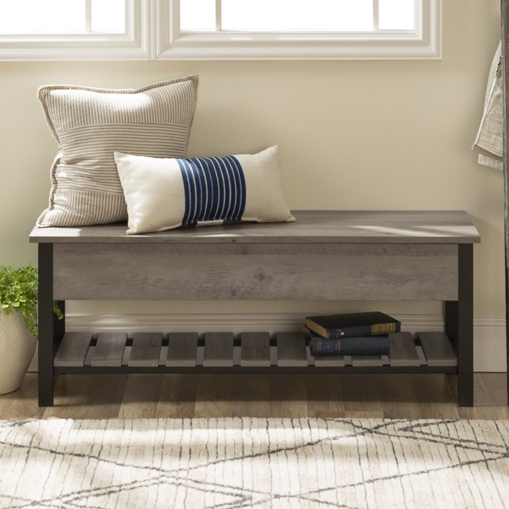 Manor Park Modern Farmhouse Storage Bench with Shoe Shelf, Grey Wash