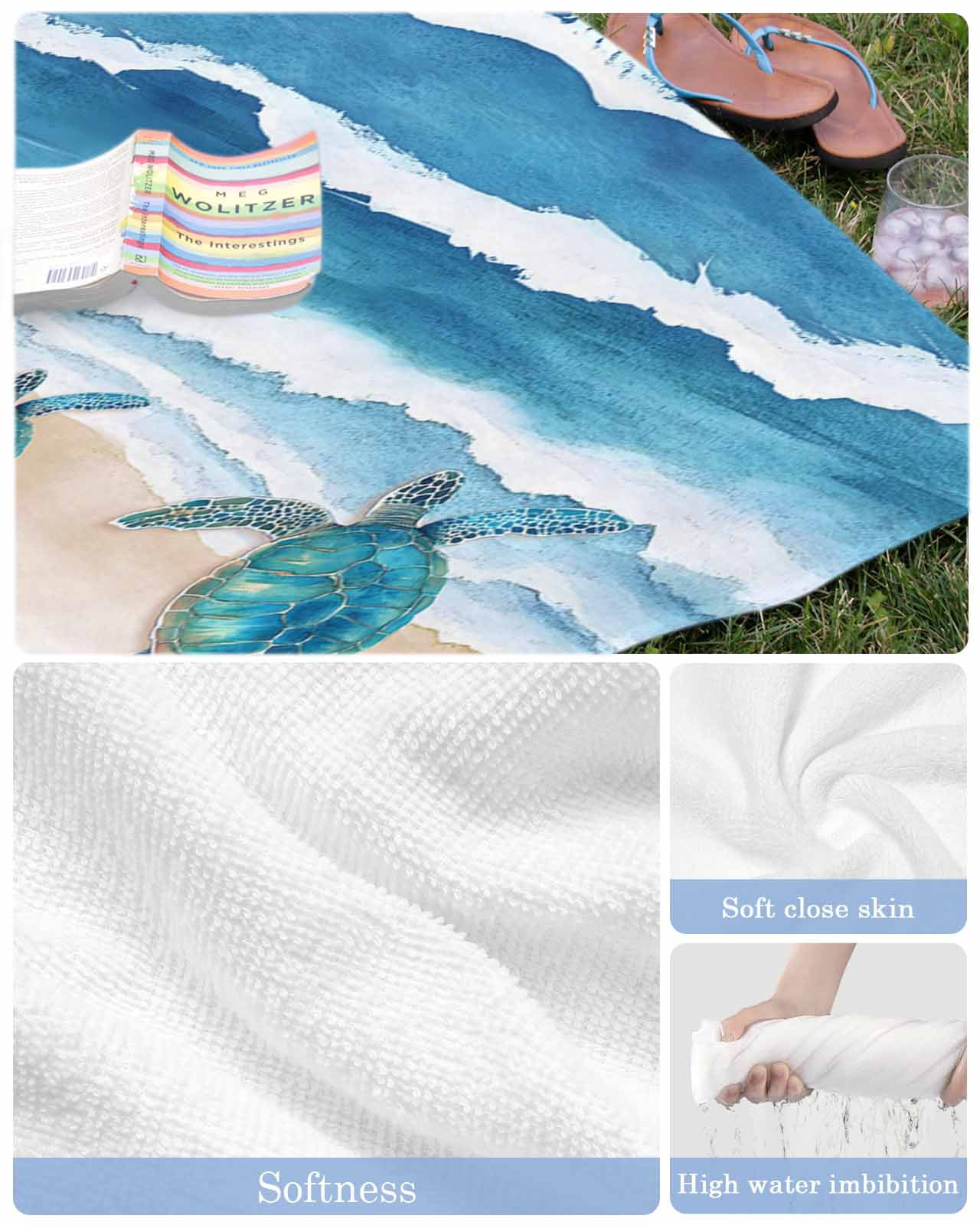 Blue Coastal Beach Towels Oversized Super Absorbent, Sea Turtle Summer Beach Waves Nautical Lightweight Bath Towel Quick Dry Sets For Bathroom/Pool/Rv Camping/Beach Play/Gym Room/Picnic 23"x47"