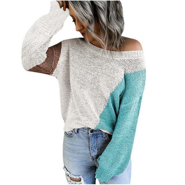 Pompotops Women's Autumn Loose Pullover Long Sleeve Round Neck Color Matching Sweater Top