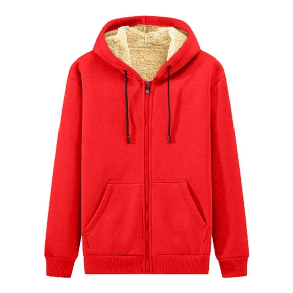 PMVFHDE Hoodies for Men Winter Solid Color Warm Lined Heavyweight Loose Student Style Pullover Hooded Jacket Watermelon Red,XXXXL