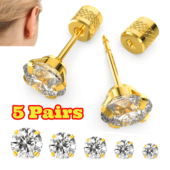 5 Pairs Hypoallergenic Stud Earrings for Women Men, 20G Flat Back Cubic Zirconia Stud Earrings for Multiple Piercing, Surgical Stainless Steel Material